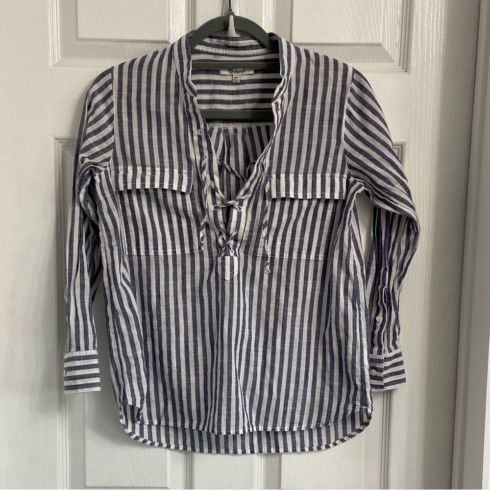 Madewell Pop Over Blouse Long Sleeve Blue & White Stripes Size XXS